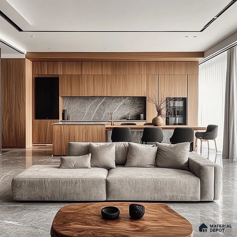 Serene Minimalism: A Modern Open-Concept Living Space with Wood Accents | Material Depot
