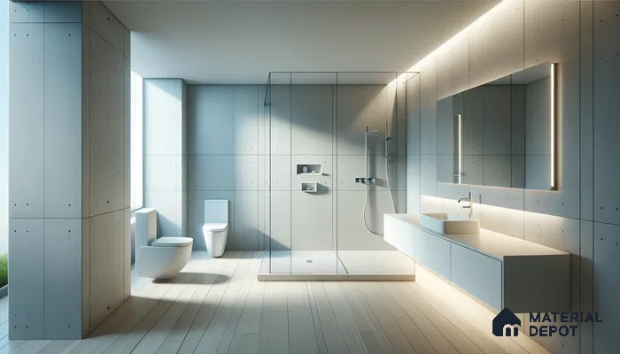 Serene Minimalist Bathroom with Concrete and Wood Textural Laminates | Material Depot
