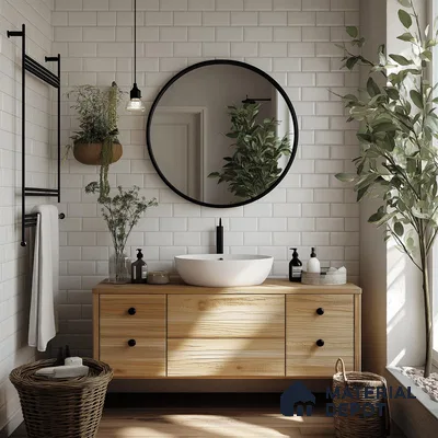 Serene Minimalist Bathroom with White Subway Tiles and Wood Accents | Material Depot