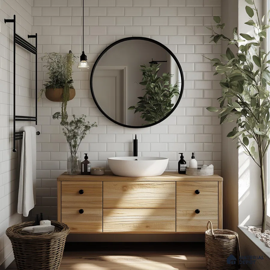 Serene Minimalist Bathroom with White Subway Tiles and Wood Accents | Material Depot