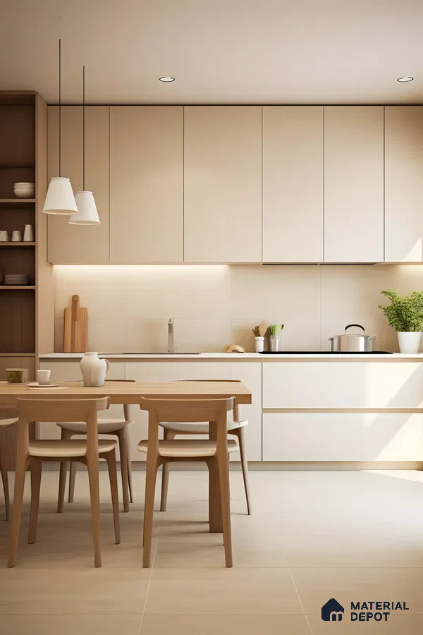 Serene Minimalist Kitchen with Soft Beige and Wood Tones | Material Depot
