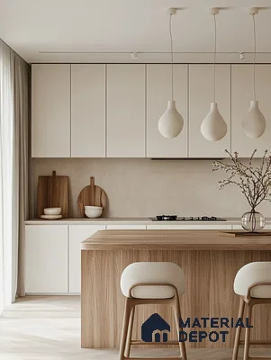 Serene Minimalist Kitchen with Warm Tones and Natural Light | Material Depot