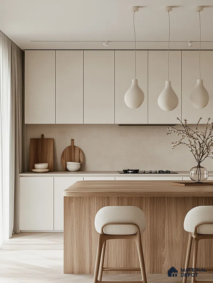 Serene Minimalist Kitchen with Warm Tones and Natural Light | Material Depot