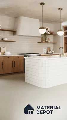 Serene Minimalist Kitchen with White Porcelain Tile Backsplash and Warm Wood Accents | Material Depot
