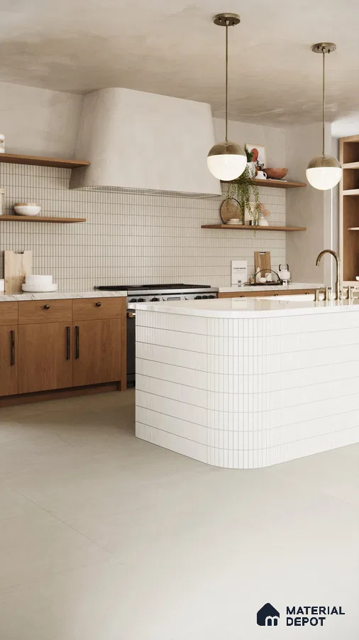 Serene Minimalist Kitchen with White Porcelain Tile Backsplash and Warm Wood Accents | Material Depot