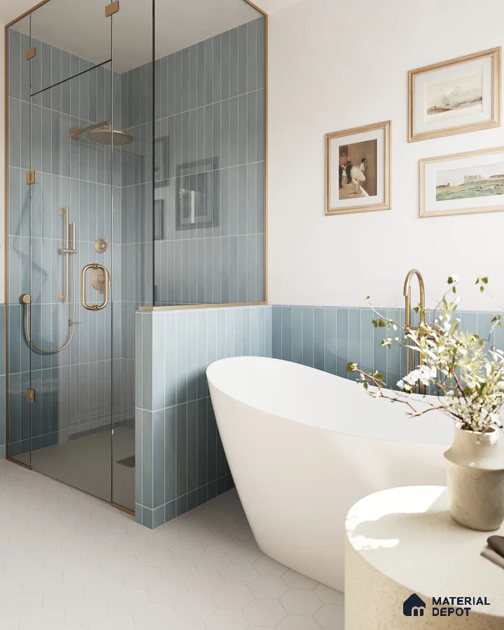 Serene Modern Bathroom with Blue Tiled Shower and Freestanding Tub, and White Tile Floor | Material Depot