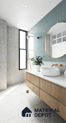 Serene Modern Bathroom with Blue Tiled Wall, Terrazzo Floor, and Wood Vanity | Material Depot