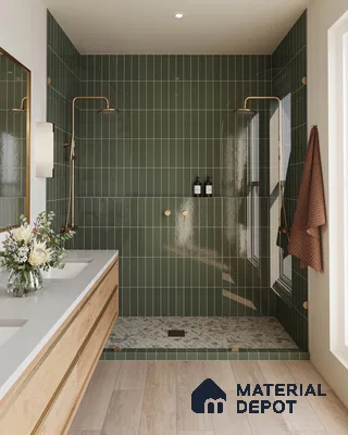 Serene Modern Bathroom with Deep Green Tiled Shower, Wood Vanity, and Terrazzo Floor | Material Depot