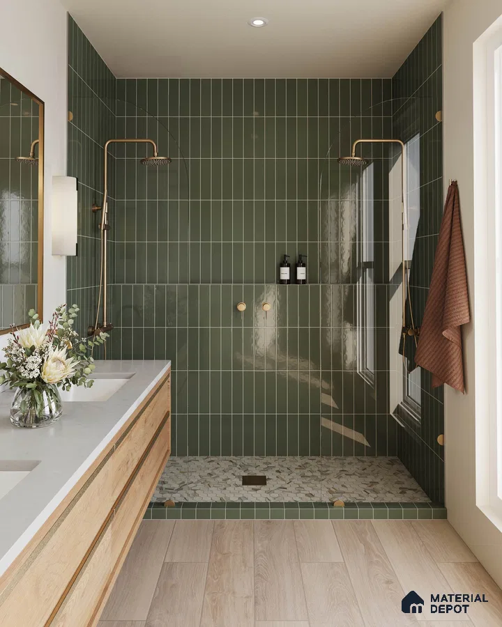 Serene Modern Bathroom with Deep Green Tiled Shower, Wood Vanity, and Terrazzo Floor | Material Depot