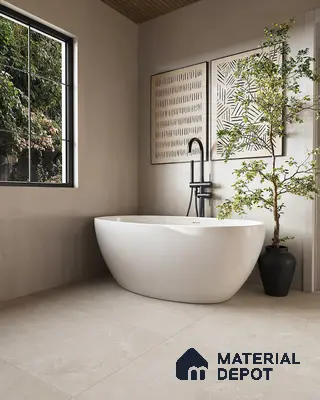 Serene Modern Bathroom with Freestanding Tub and Beige Porcelain Tile Flooring | Material Depot