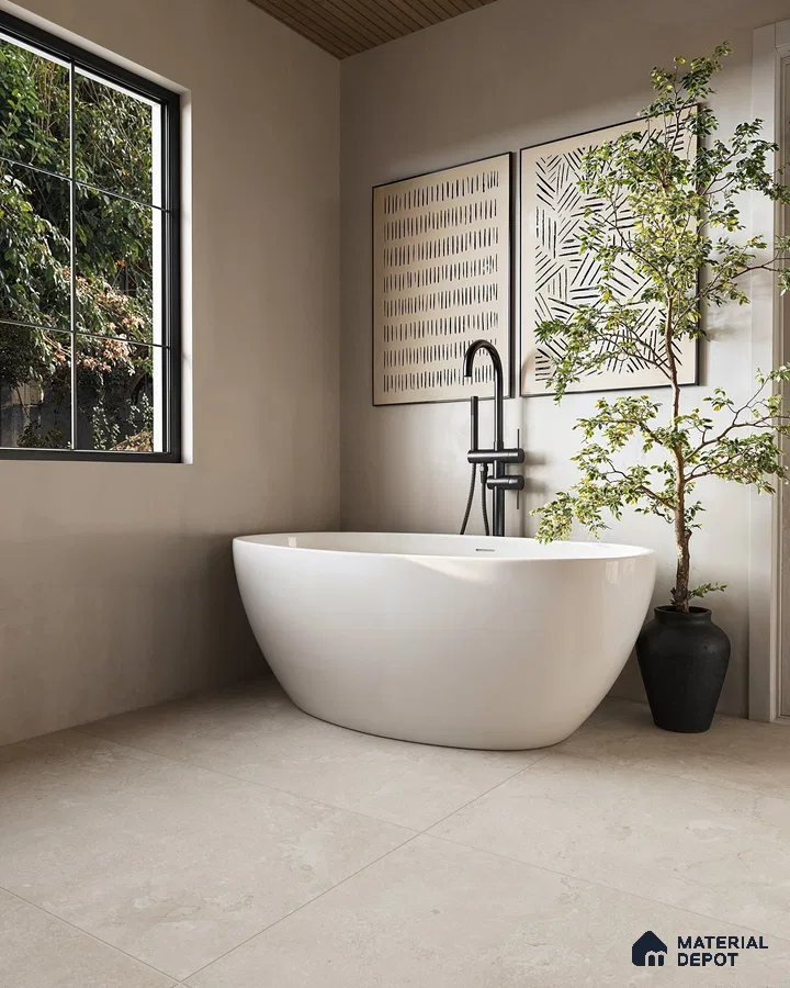 Serene Modern Bathroom with Freestanding Tub and Beige Porcelain Tile Flooring | Material Depot