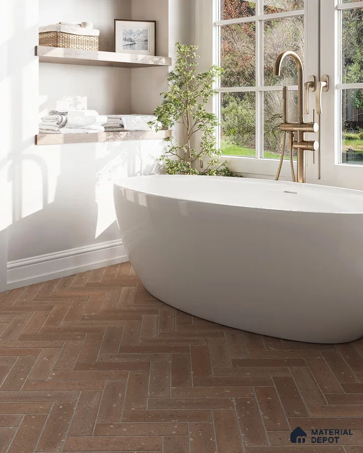 Serene Modern Bathroom with Freestanding Tub, Herringbone Tile Floor, and Natural Light | Material Depot