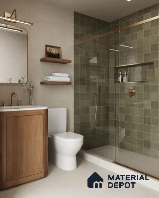 Serene Modern Bathroom with Green Tiled Shower, Wood Vanity, and Marble Floor | Material Depot