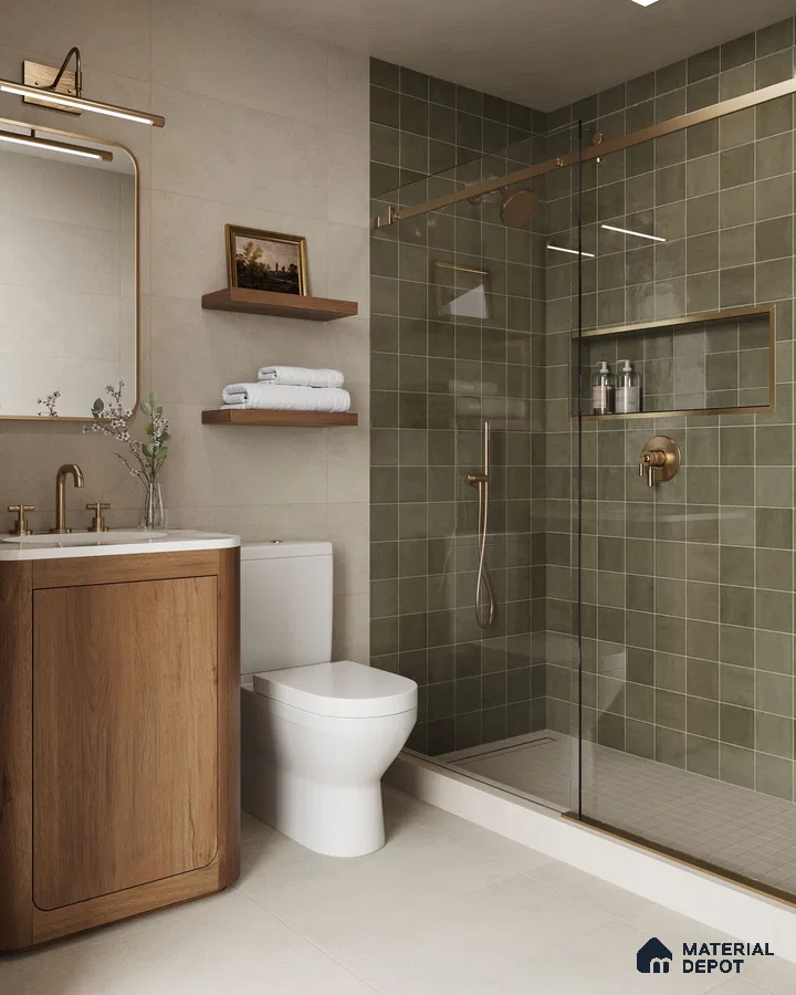 Serene Modern Bathroom with Green Tiled Shower, Wood Vanity, and Marble Floor | Material Depot