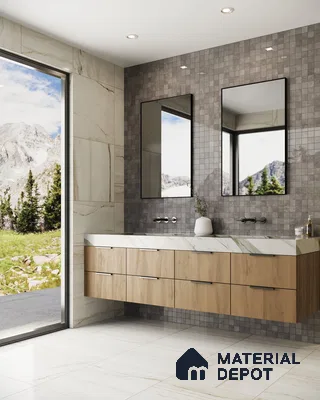 Serene Modern Bathroom with Grey and White Tile Mosaic Wall and Floating Vanity | Material Depot