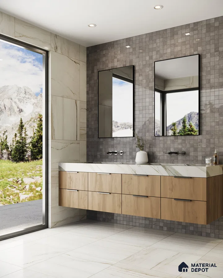 Serene Modern Bathroom with Grey and White Tile Mosaic Wall and Floating Vanity | Material Depot