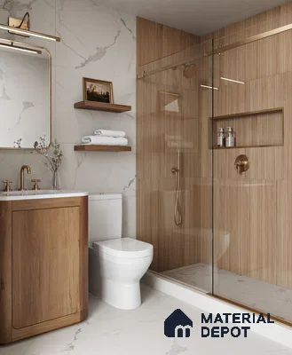 Serene Modern Bathroom with Marble and Wood Tile Walls, and Wood Vanity | Material Depot