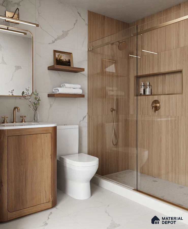 Serene Modern Bathroom with Marble and Wood Tile Walls, and Wood Vanity | Material Depot