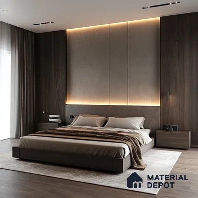 Serene Modern Bedroom Design with Textured Accent Wall and Platform Bed Prestige Southern Star Begur Road | Material Depot