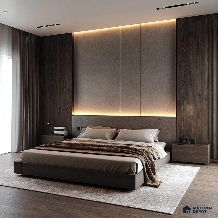 Serene Modern Bedroom Design with Textured Accent Wall and Platform Bed Prestige Southern Star Begur Road | Material Depot