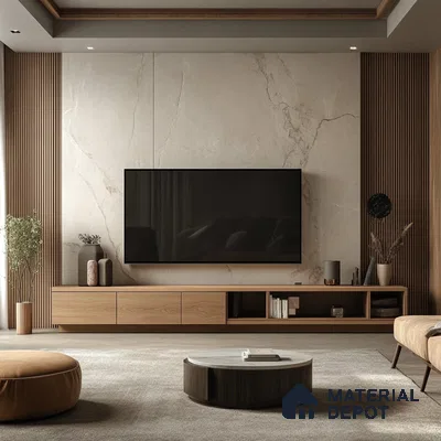 Serene Modern Living Room with Marble Feature Wall and Wood Accents | Material Depot