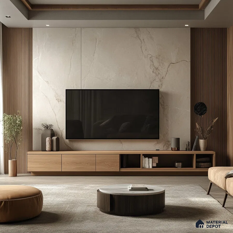 Serene Modern Living Room with Marble Feature Wall and Wood Accents | Material Depot
