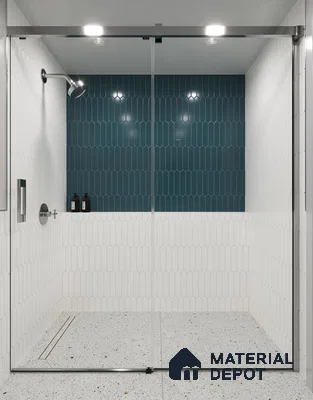 Serene Modern Walk-In Shower with Green and White Tiled Walls and Terrazzo Floor | Material Depot