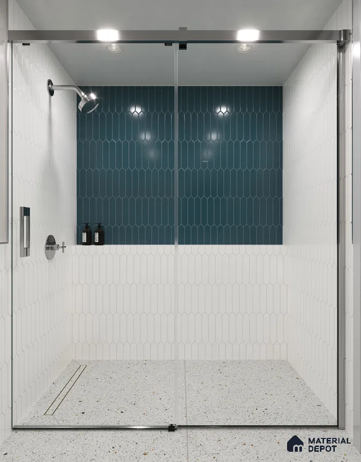 Serene Modern Walk-In Shower with Green and White Tiled Walls and Terrazzo Floor | Material Depot