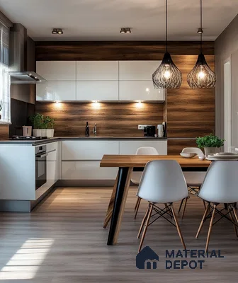 Serene Modernity: Sleek Lines and Natural Wood Accents in Urban Kitchen | Material Depot