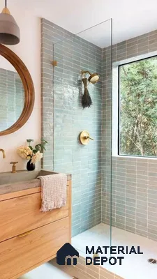 Serene Nature-Inspired Bathroom with Aquamarine Tiles and Natural Wood Accents | Material Depot