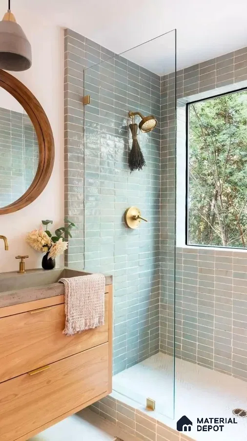 Serene Nature-Inspired Bathroom with Aquamarine Tiles and Natural Wood Accents | Material Depot