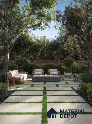 Serene Outdoor Patio with Beige Porcelain Tile Flooring, Fire Pit, and Lush Greenery | Material Depot