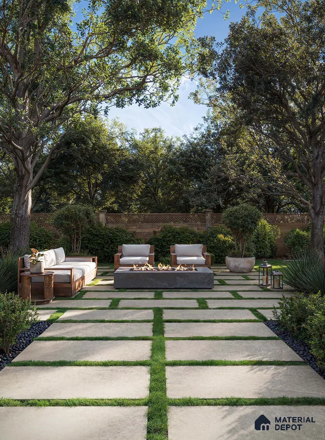 Serene Outdoor Patio with Beige Porcelain Tile Flooring, Fire Pit, and Lush Greenery | Material Depot