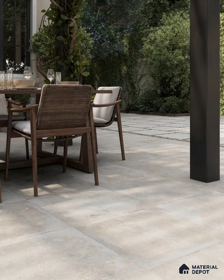 Serene Outdoor Patio with Grey Porcelain Tile Flooring and Lush Greenery | Material Depot
