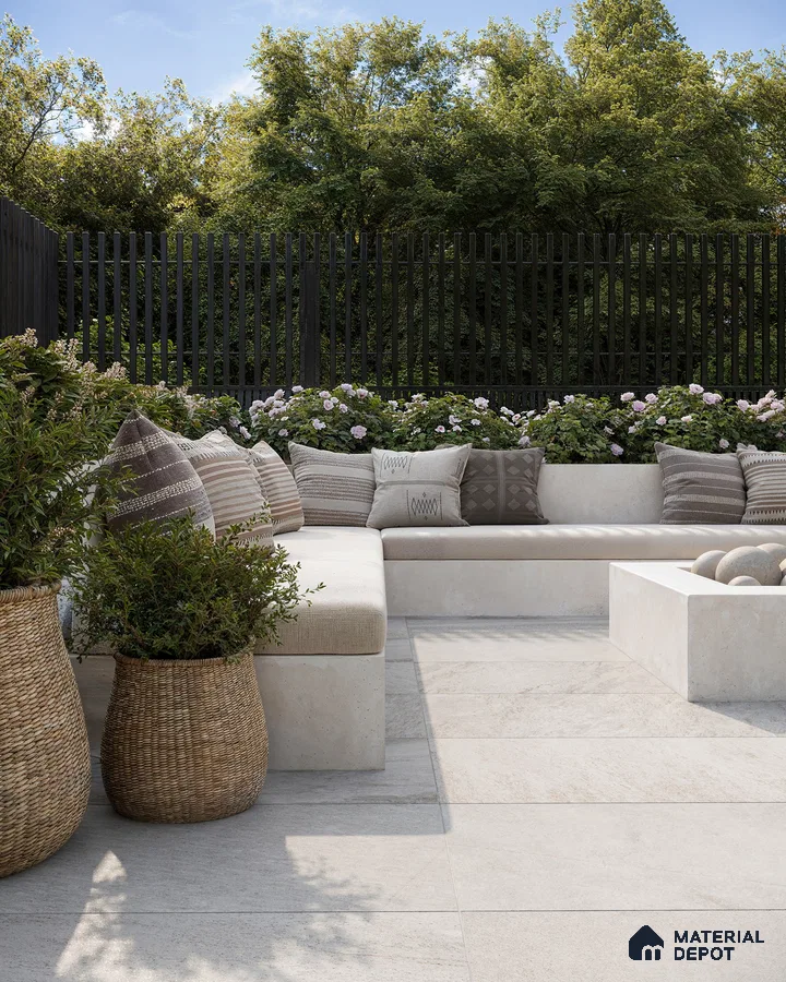 Serene Outdoor Patio with White Porcelain Tile Flooring, Fire Pit, and Lush Greenery | Material Depot