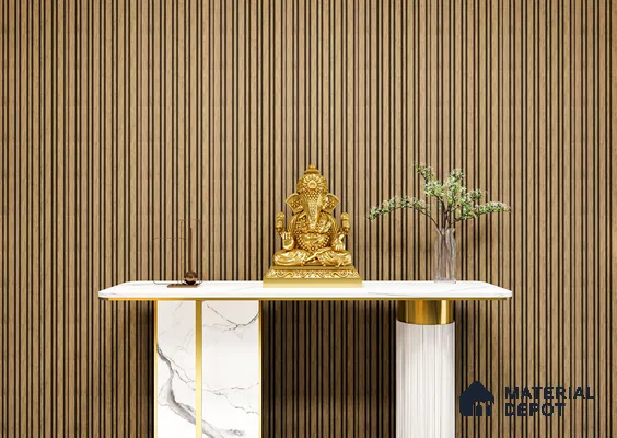 Serene Pooja Corner with Oak Louvers and Golden Ganesh Idol | Material Depot