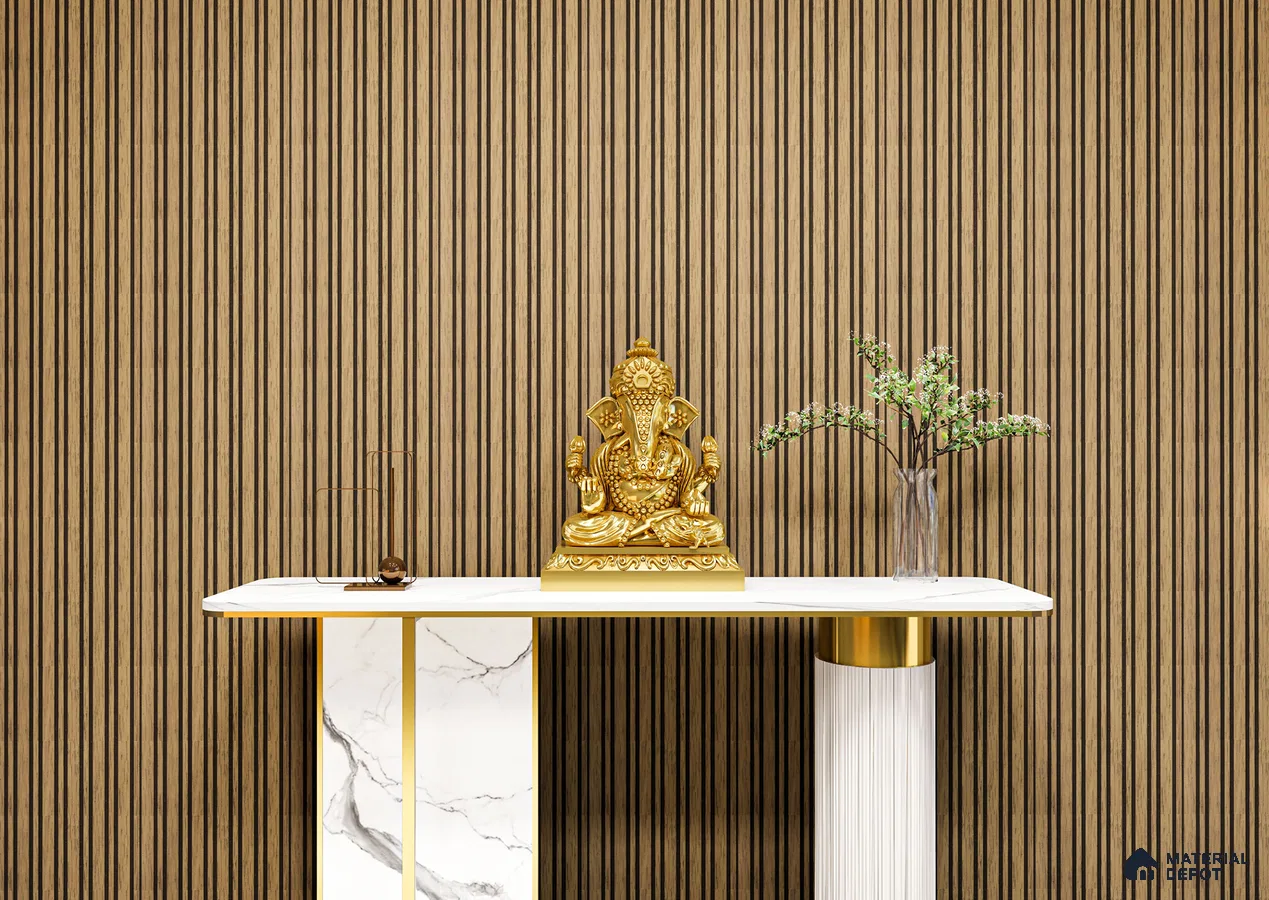 Serene Pooja Corner with Oak Louvers and Golden Ganesh Idol | Material Depot