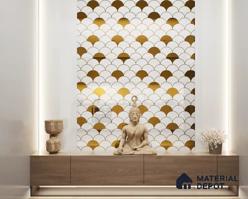 Golden and white scalloped glass tiles in a serene Pooja room.