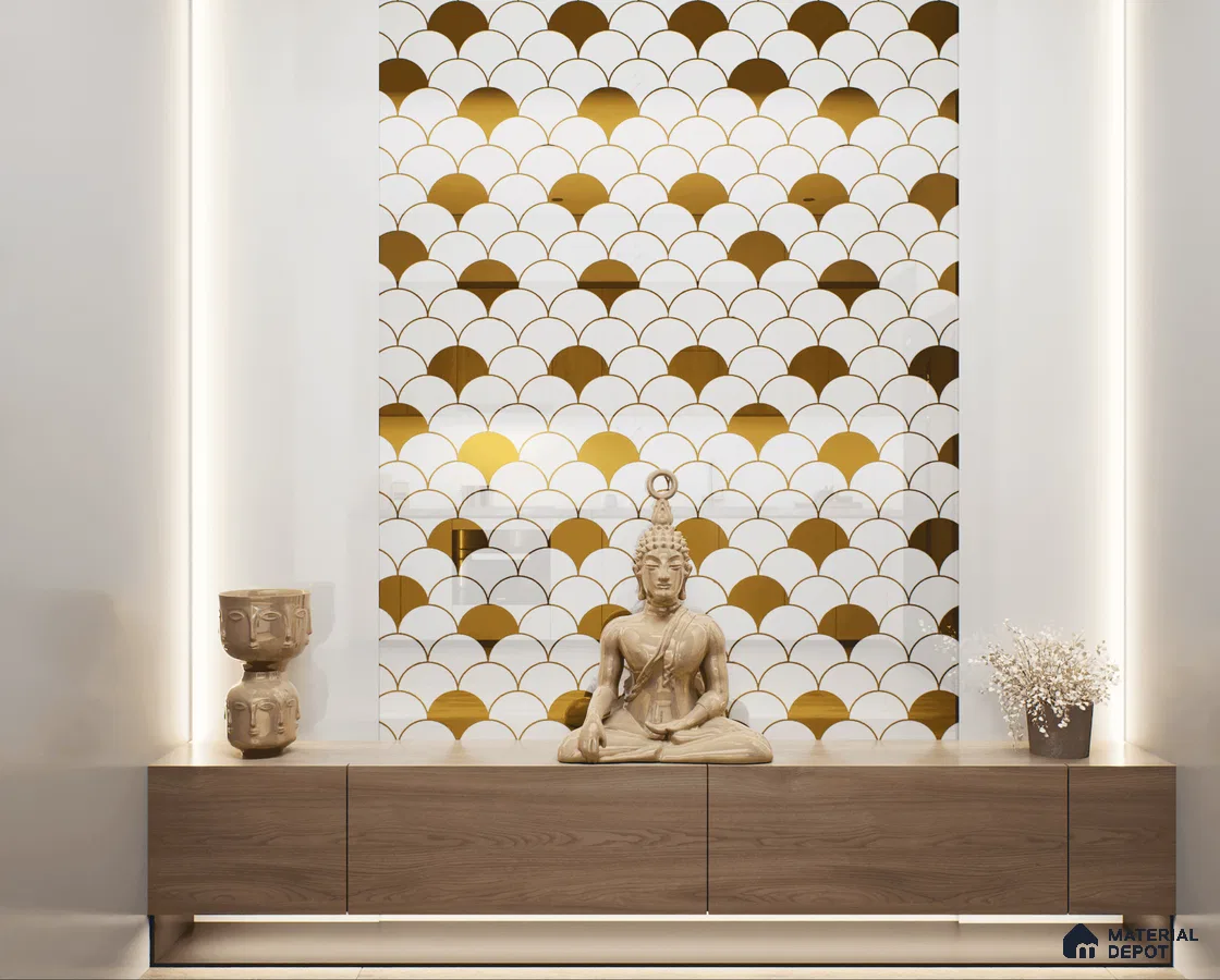 Golden and white scalloped glass tiles in a serene Pooja room.