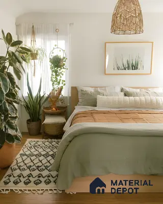 Serene Sage Green Bohemian Bedroom: Plush Headboard, Floating Wood Nightstands, And Calming Ambiance | Material Depot