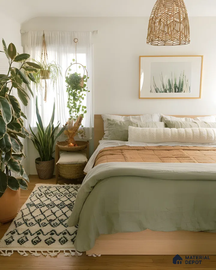 Serene Sage Green Bohemian Bedroom: Plush Headboard, Floating Wood Nightstands, And Calming Ambiance | Material Depot