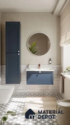 Serene Sanctuary: A Harmonious Bathroom Blend of Neutral Tones and Dynamic Patterns | Material Depot