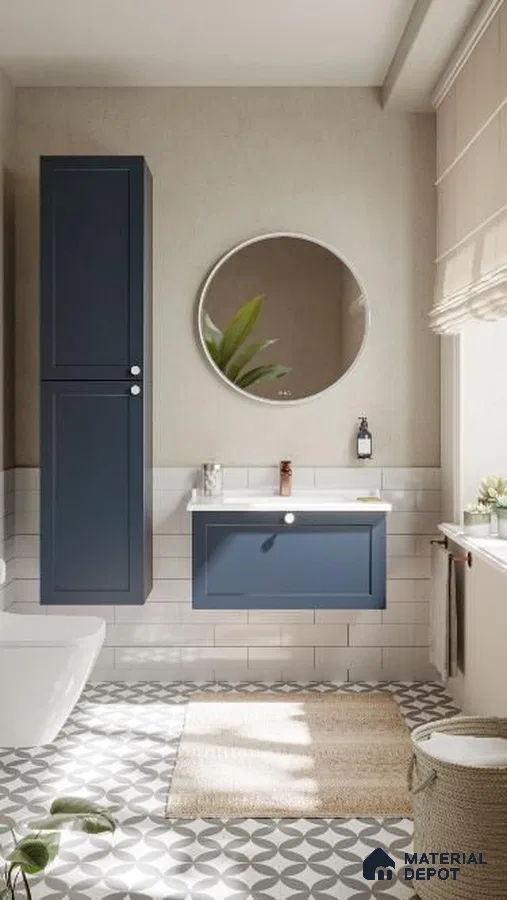 Serene Sanctuary: A Harmonious Bathroom Blend of Neutral Tones and Dynamic Patterns | Material Depot