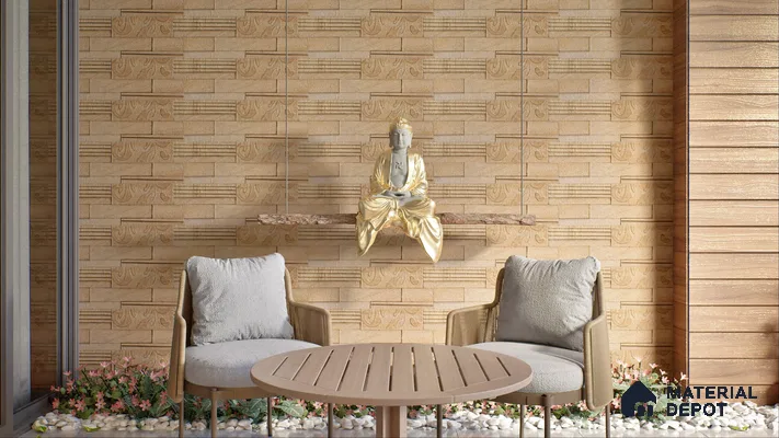 Serene Stone Wall Cladded Outdoor Meditation Space with Golden Buddha | Material Depot