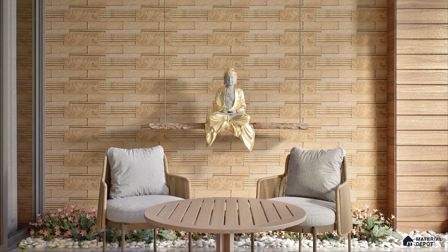 Serene Stone Wall Cladded Outdoor Meditation Space with Golden Buddha | Material Depot