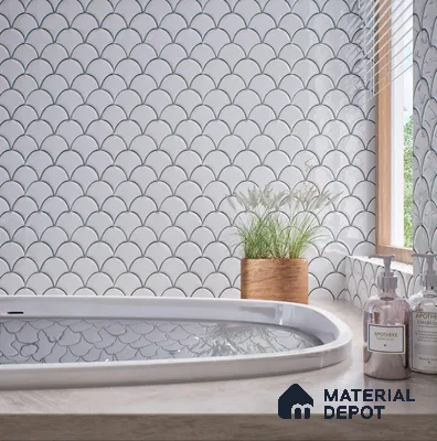Serene White Fish Scale Tile Bathroom | Material Depot