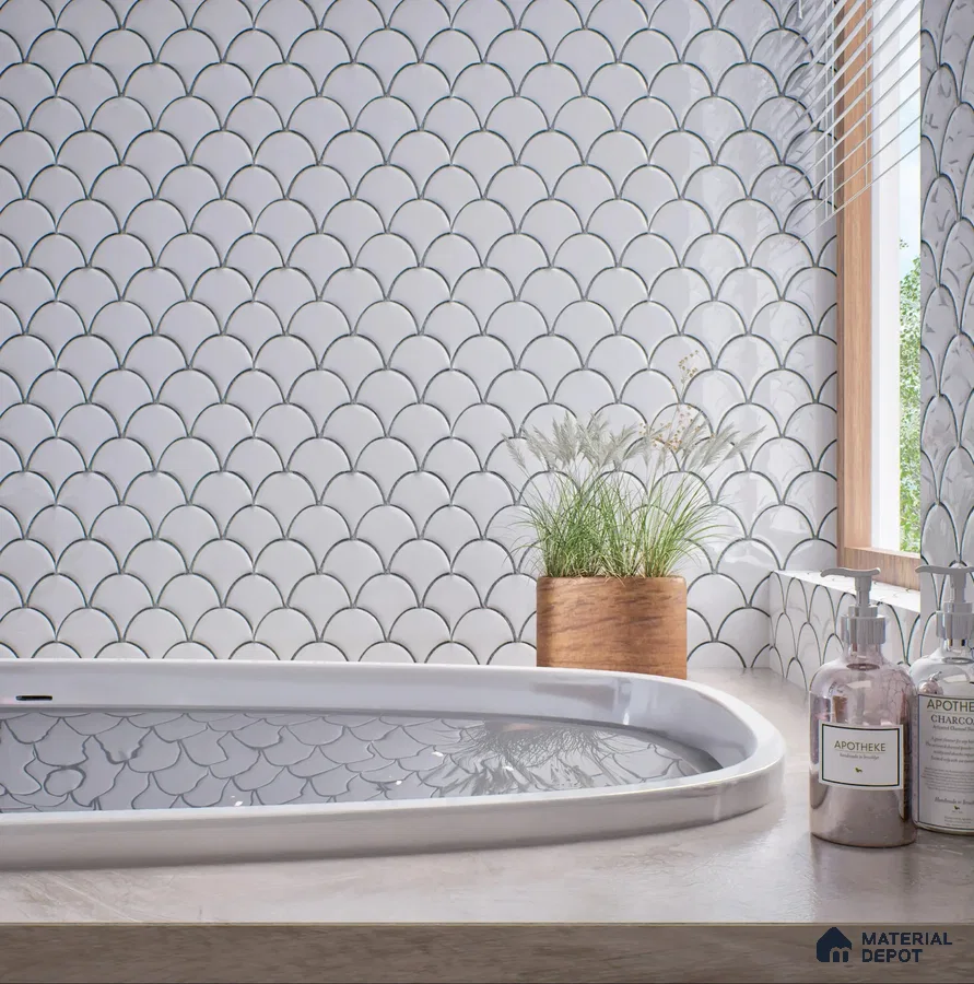 Serene White Fish Scale Tile Bathroom | Material Depot