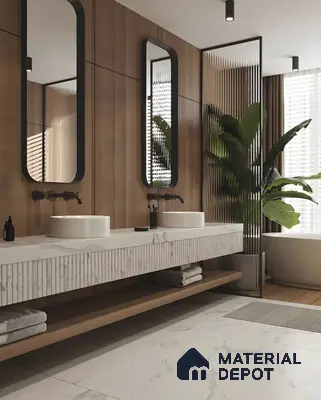 Serene Wood & Marble Bathroom With Fluted Sink Counter And Tropical Divider | Material Depot