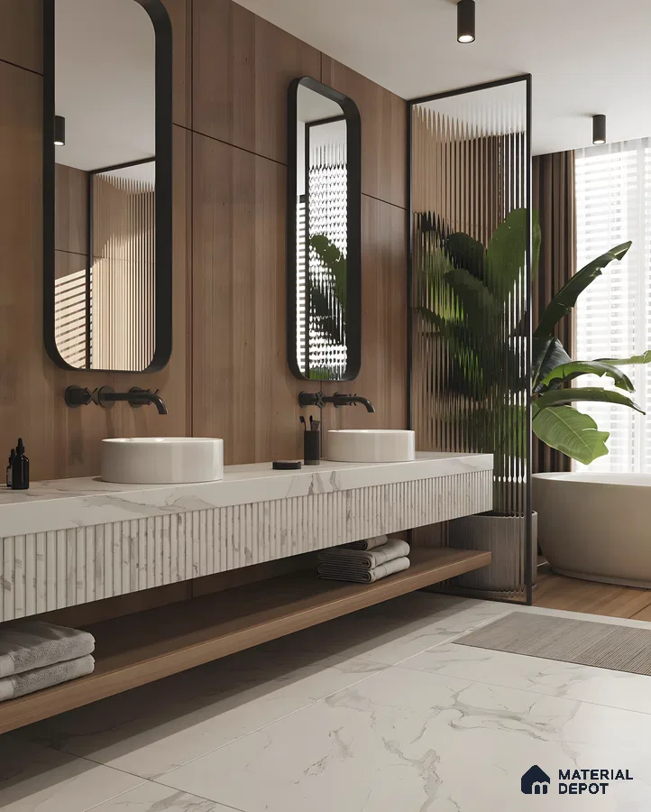 Serene Wood & Marble Bathroom With Fluted Sink Counter And Tropical Divider | Material Depot