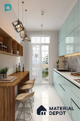 Serenity: Compact Parallel Kitchen With Pastel Blue Cabinets And Warm Wooden Breakfast Counter | Material Depot